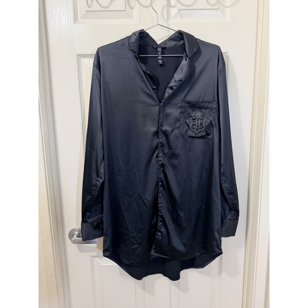 Skims Hotel Sleep Top Onyx Black Satin Long Sleeve Button Down Crest Logo Large